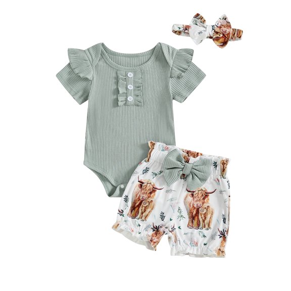 BemeyourBBs Newborn Baby Girl Summer Outfits Cute Infant Baby Girl Clothes Solid Color Ribbed Knit Short Sleeve Romper Front Bow Floral Cow Print Shorts Set Headband 3Pcs