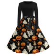 thumbnail image 2 of Halloween Dresses for Women Candy Pumpkin Crew Neck Hepburn 1950s Retro Tea Length Dress Long Sleeve Cocktail Vintage Funny Dress with Belt S, 2 of 5