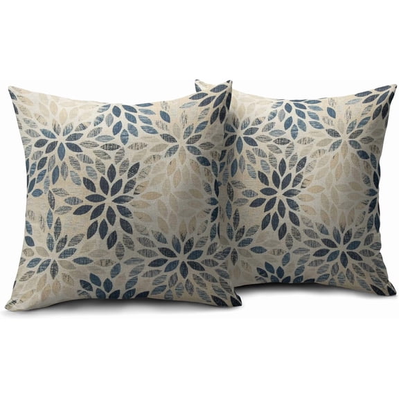 Navy Blue Beige Dahlia Pillow Covers 18x18 Set of 2 Rustic Geometric Flower Outdoor Cream Decorative Throw Pillows Summer Floral Farmhouse Pillowcases Linen Cushion Case Decor for Home Sofa Couch Bed