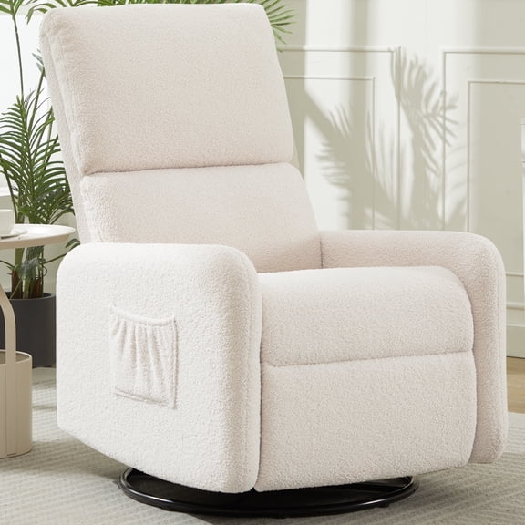 Korser 360 Swivel Glider Chair for Small Spaces, Sherpa with Side Pocket Rocking Chair for Living Room,Beige