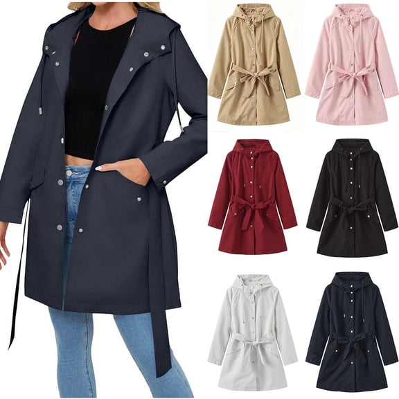 Ihhxva Windbreaker Jacket for Women Hooded Trench Coat with Pockets Adjustable Waist Women's Longline Lightweight Waterproof Casual Spring Outerwear S-3XL