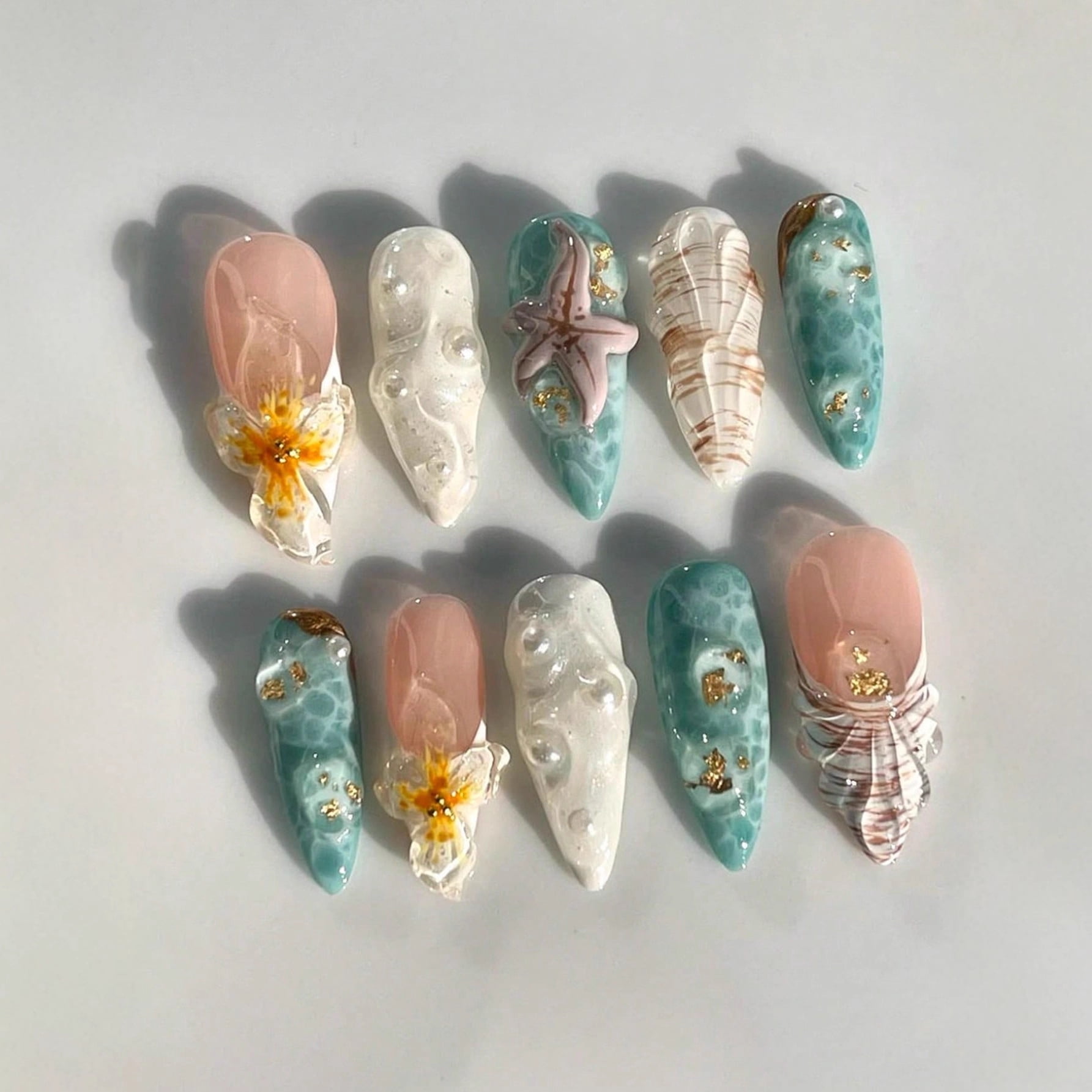 Cross-border hot sale almond fake nails 10pcs ocean wind three-dimensional shell starfish pure pearl embellishment