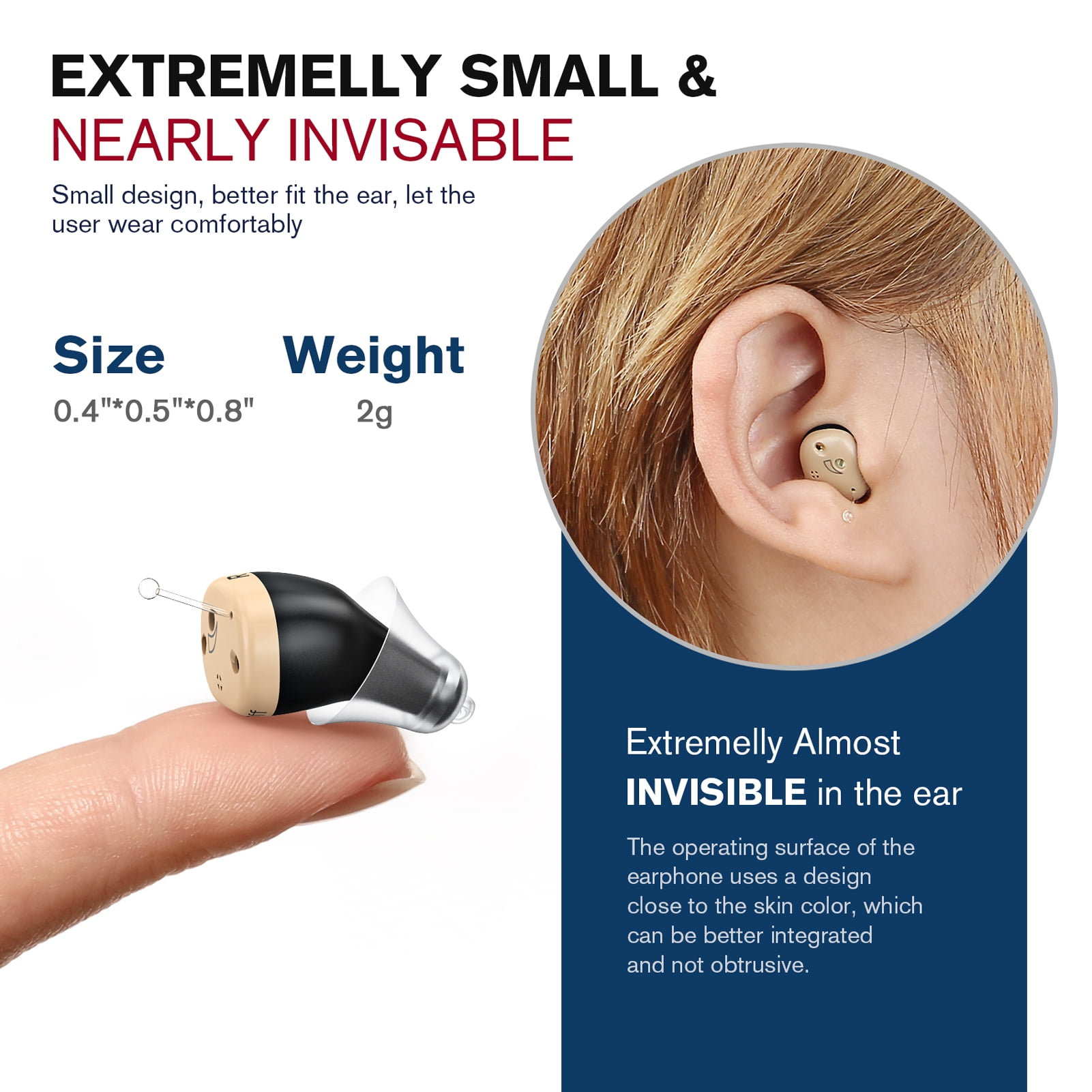 iBstone Rechargeable hearing aids, Completely-in-Canal (CIC) Mini aid for Seniors & Adults, OTC, Black, Pair