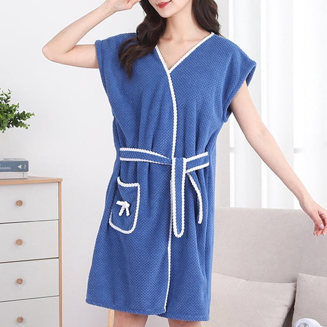 Tawop Peignoirs Kimono pour Femmes Pyjamas pour Femmes Pyjamas Longs Peignoir de Maison Uni Peignoir Absorbant en Peluche Nuisette pour Femmes Bleu Taille Unique