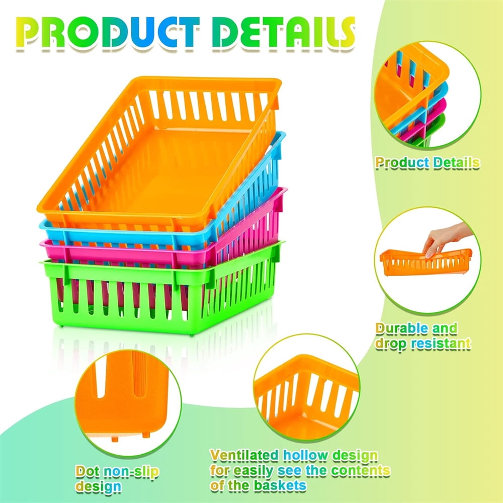 Tutuviw Classroom Storage Baskets Pencil Organizer Bins Plastic Book Baskets Small Plastic Organizer Basket Holder Tray Mesh Bins for Desk Drawer Home Office Organizing(4 Color)