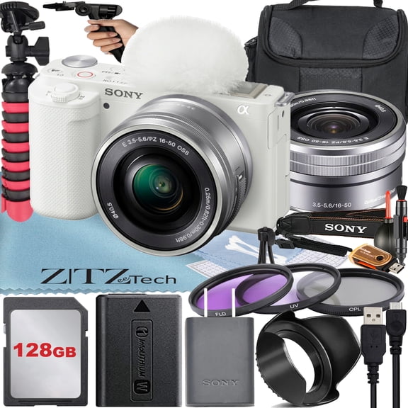 Sony Alpha ZV-E10 Mirrorless Vlog Camera with 16-50mm Lens   128GB Memory Card   Filter Kit   Tripod   Case   ZeeTech Accessory Bundle (White) International Version