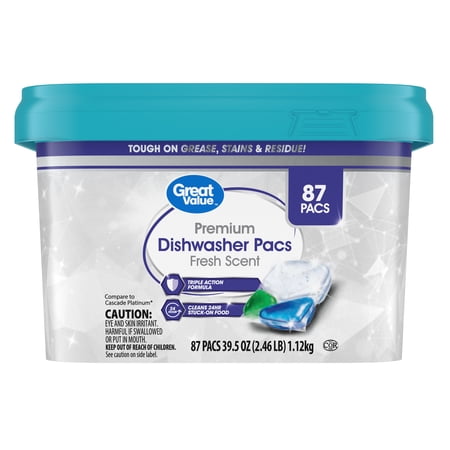 Great Value Premium Dishwasher Pacs, Fresh Scent, 87 Count