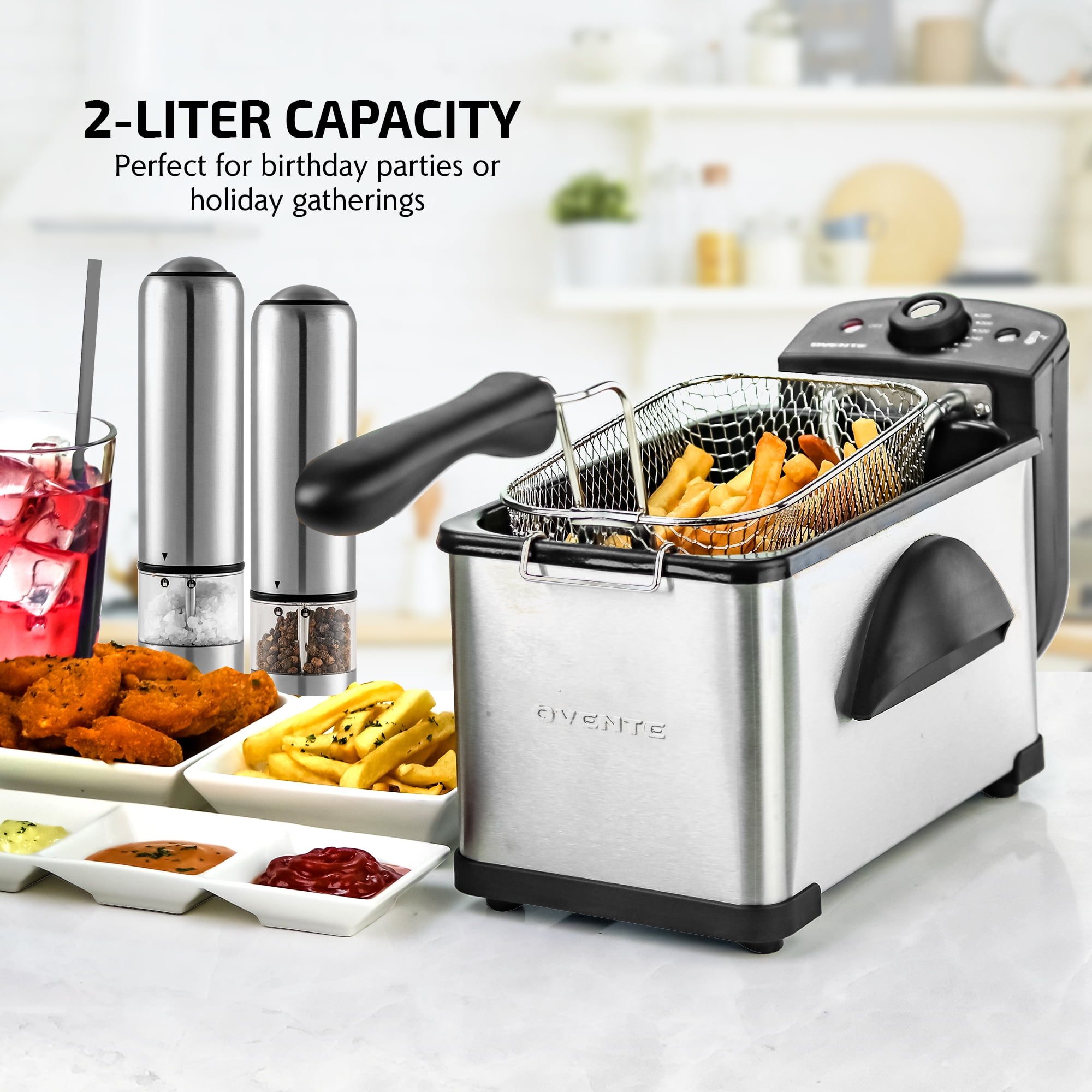 OVENTE Electric Deep Fryer 1.5 Liter Capacity, Lid with Viewing Window,  Removable Frying Basket, Adjustable Temperature, Cool Touch Handles and  Easy to Clean Stainless Steel Body, Silver FDM1501BR 