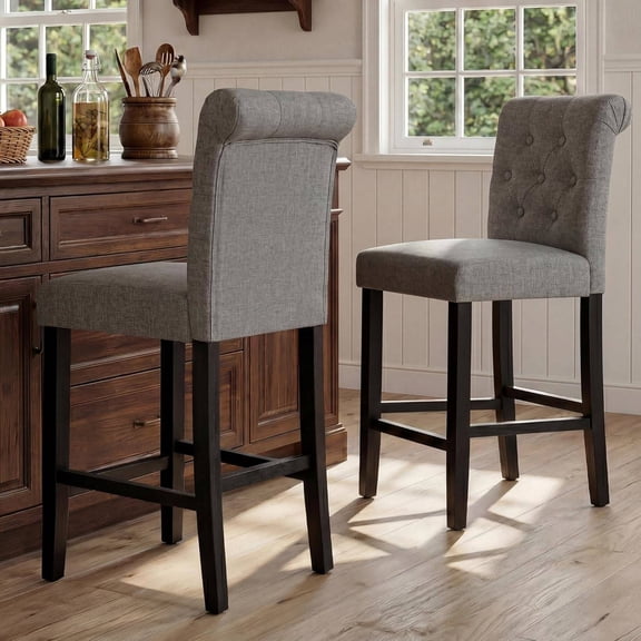 24 Inch Fabric Bar Stools for Kitchen Island, Set of 2 Upholstered Counter Stools with Button-Tufted Back, Wooden Frame (Grey)