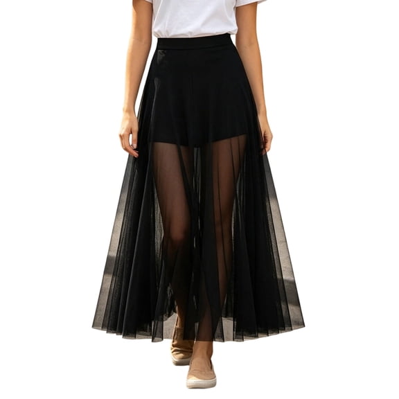Jane Wardrobe Wide Elastic Waist Sheer Mesh Tulle Maxi Skirt Women Built-In Anti-Chafing Shorts Layered Flowy Summer Skirt 1PC S-XL Plus Size Friendly