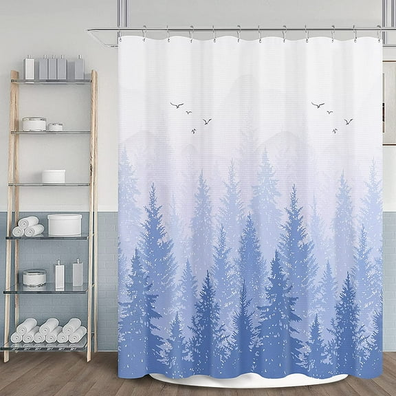 Shower Curtain Misty Blue Shower Curtain Set Blue Shower Curtain for Bathroom Mountain Nature Tree Plant Sea Beach Fabric Shower Curtains Waffle Bath Curtains Hotels Spa, 72x72 inch