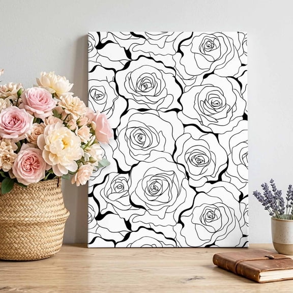 White Rose Canvas Wall Art, Modern Floral Blossom Black Outlines White Backdrop Framed Canvas Wall Decor Picture Print Artwork Decorations for Living Room Office Ready to Hang 28" x 22"