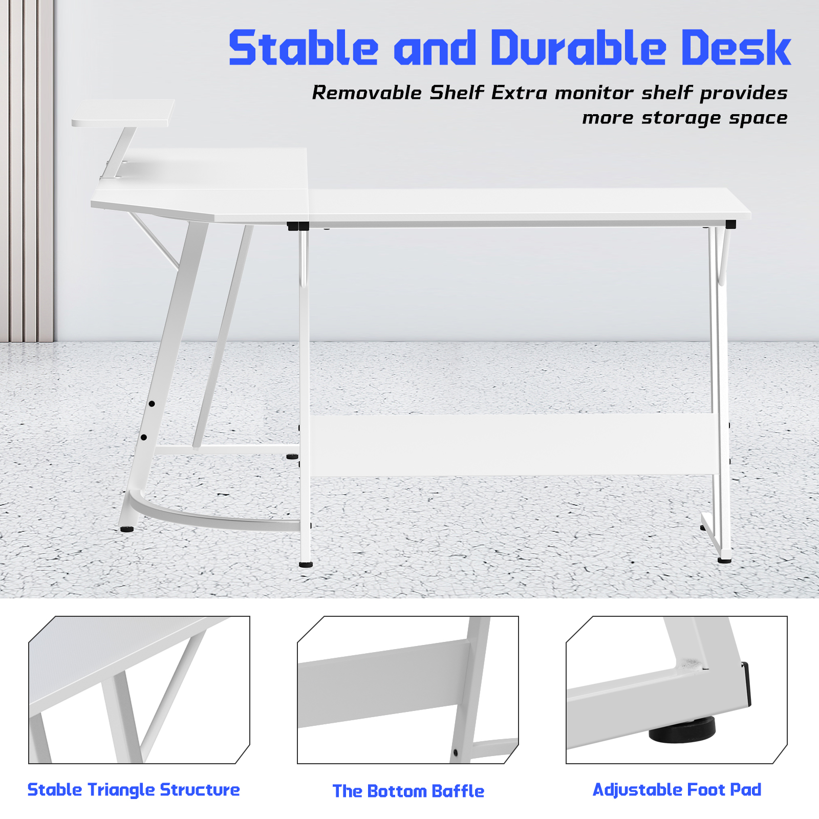 Dkelincs L Shaped Gaming Desk, 50.4" Corner Computer Desk PC Game Table with Monitor Stand Large Desktop for Home Office Study Writing Workstation, White