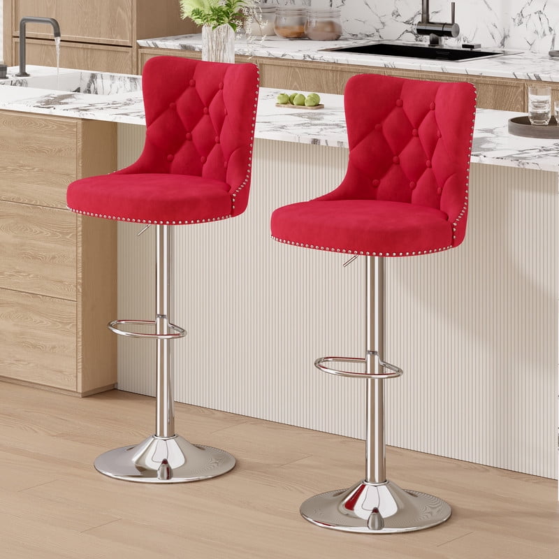 Hawsaiy Swivel Bar Stools Set of 2, Adjustable Velvet Tufted Counter Height Chairs with Nailhead Trim, Upholstered Barstools for Kitchen Island, Red