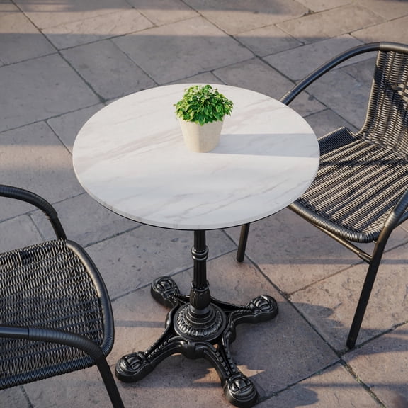 Flash Furniture 24" Round White Faux Marble Indoor Outdoor TopGuard HPL Wrapped Tabletop, Seamless Edge, Scratch & Stain Resistant, Commercial Grade