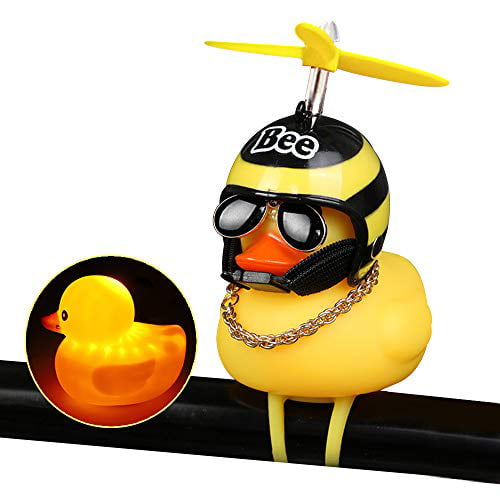 Retro Movie-Light wonuu Rubber Duck Toy Car Ornaments Yellow Duck Car Dashboard Decorations Squeeze Duck Bicycle Horns with Propeller Helmet 