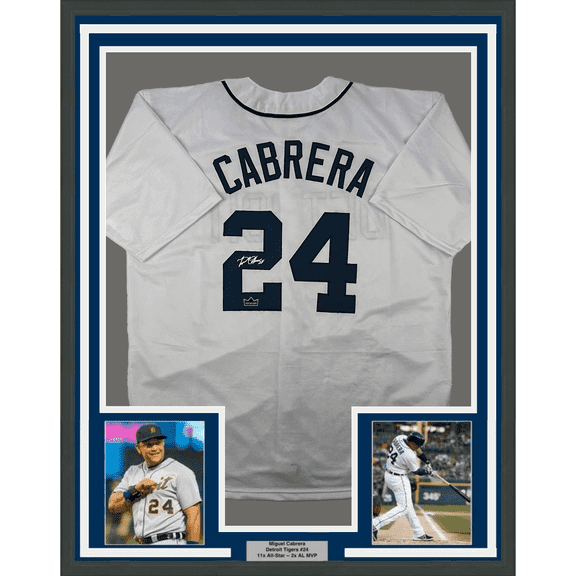 Framed Facsimile Autographed Miguel Cabrera 35x39 Detroit White Reprint Laser Auto Baseball Jersey
