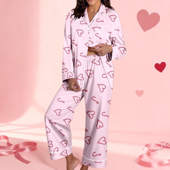 Valentine's Day Pajamas Sets Women Cute Pink Heart Print Pjs Sets Shirt Top Pants 2 Piece Sets Sleepwear Pink L