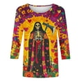 thumbnail image 5 of Women's Day of The Dead Print T-Shirt Crew Neck 3/4 Sleeve Loose Fit Mexican Skull Tee, 5 of 5