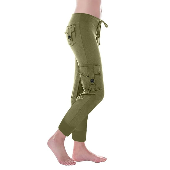 Lilgiuy Womens Yoga Capris Pants High Waisted Cargo Workout Pants Solid Color Stretch Leggings Pants Casual Drawstring Sweatpants with Multi Pockets Loungewear Army Green(XS-4Xl)