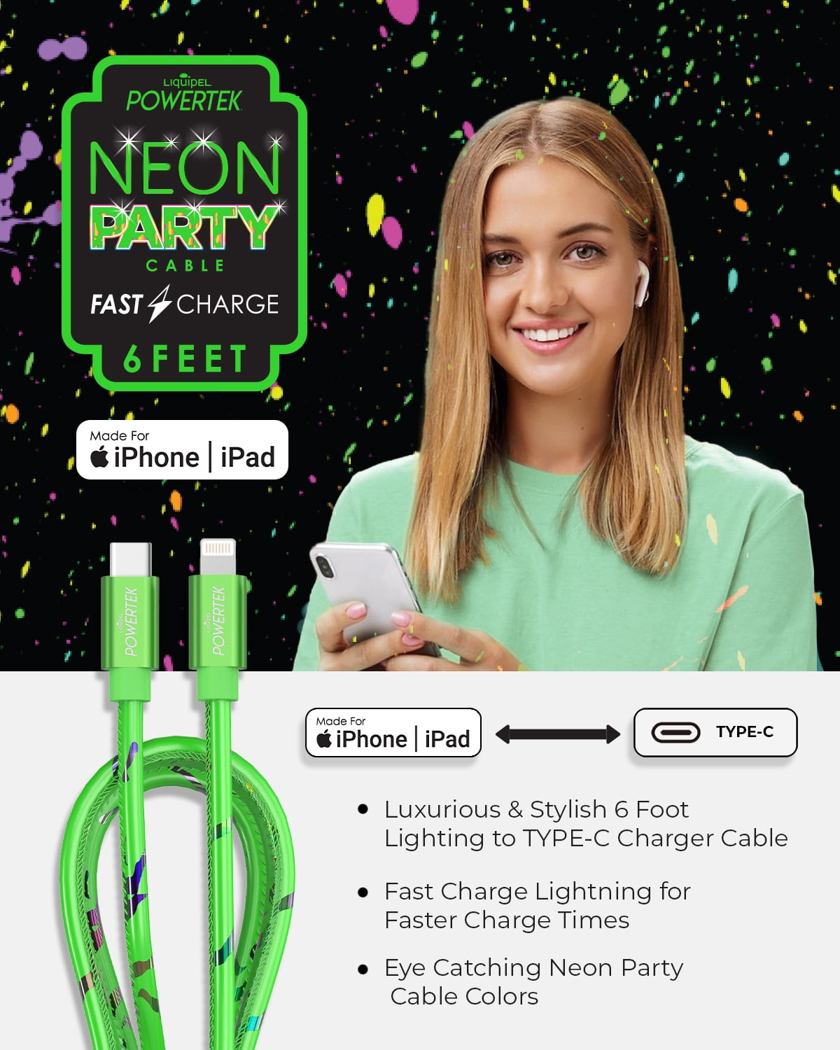 Liquipel Powertek USB C Lightning iPhone Charger Cable [MFI Certified], 6ft Fast Charging, Neon Party