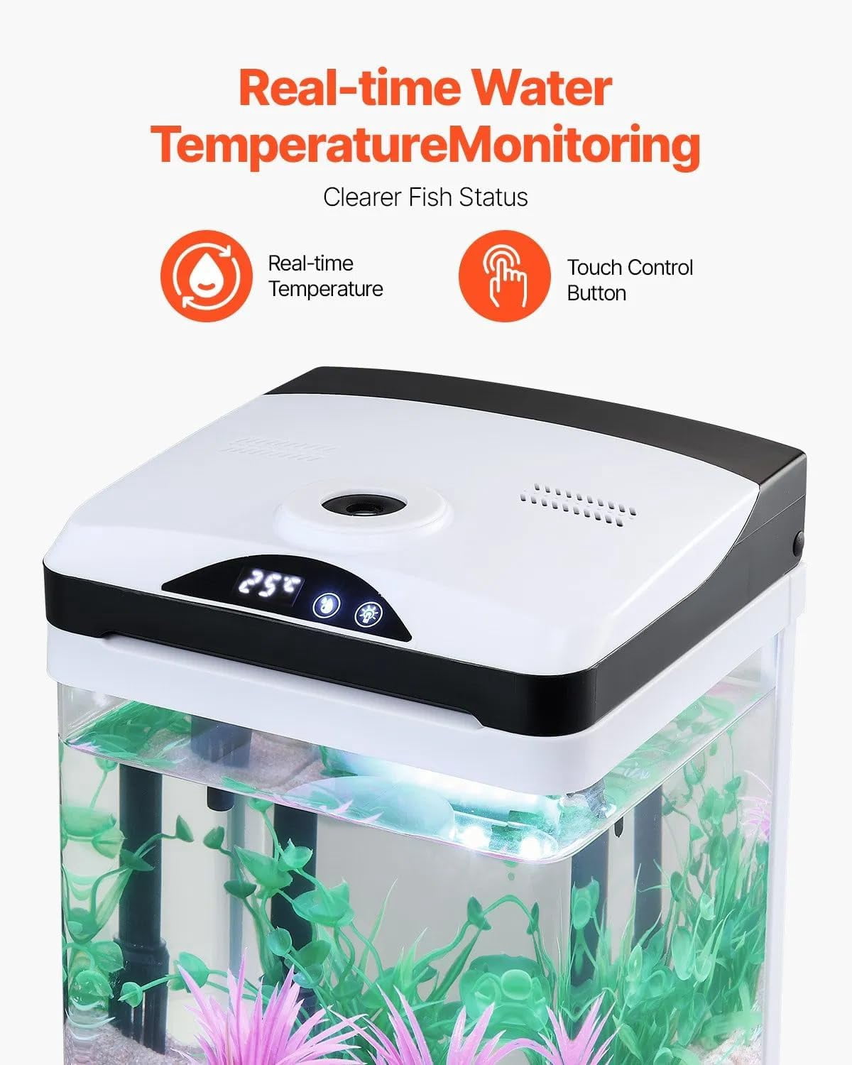 PUPIX 2 Gallon Fish Tank Aquarium Smart LED Glass Aquarium Self Cleaning Filtration Touch Control 7 Color Lighting Clear Glass