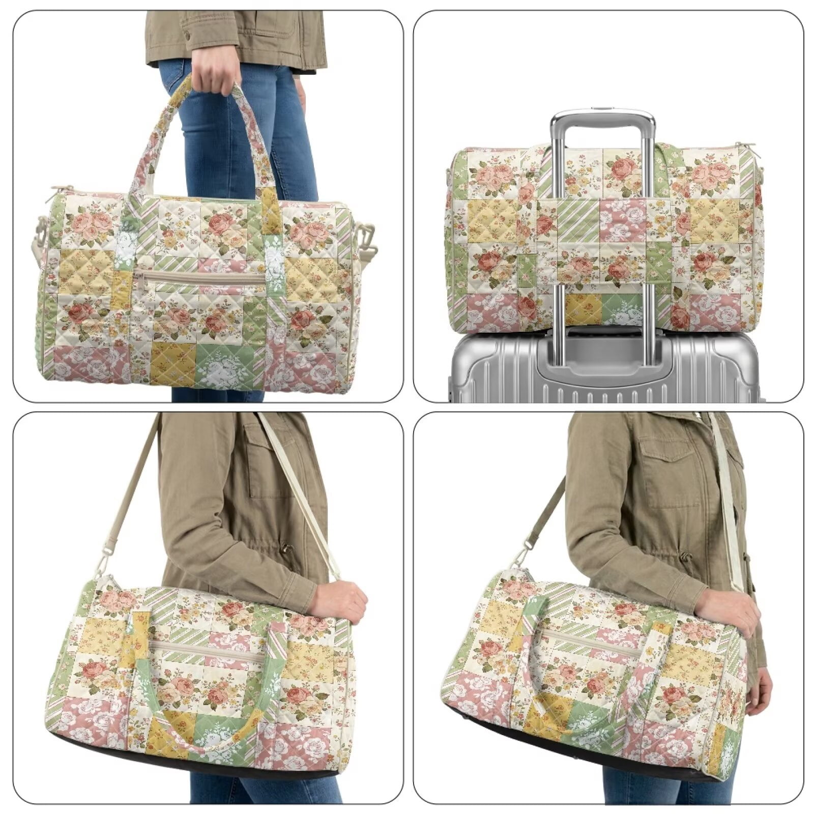 Pzuqiu Floral Patchwork Quilted Weekender Duffle Bag for Women Large Capacity Lightweight Carry On Travel Tote Overnight Gym Bag with Zipper Versatile for Trips Vintage Handbags
