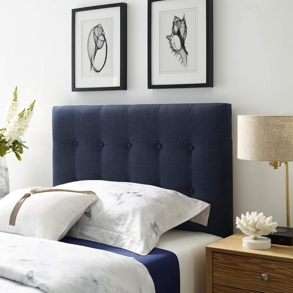 Emily Tufted Button Linen Fabric Upholstered Headboard, Twin, Navy - HZAT