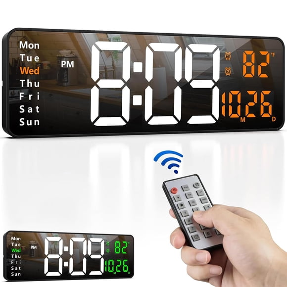 Reloj de Pared Digital, de 16 Pulgadas, con Visualización Grande, con Fecha, Temperatura, Semana, Control Remoto, Gran Dígito, 12/24 Horas,Reloj Digital LED para Sala de Estar, A