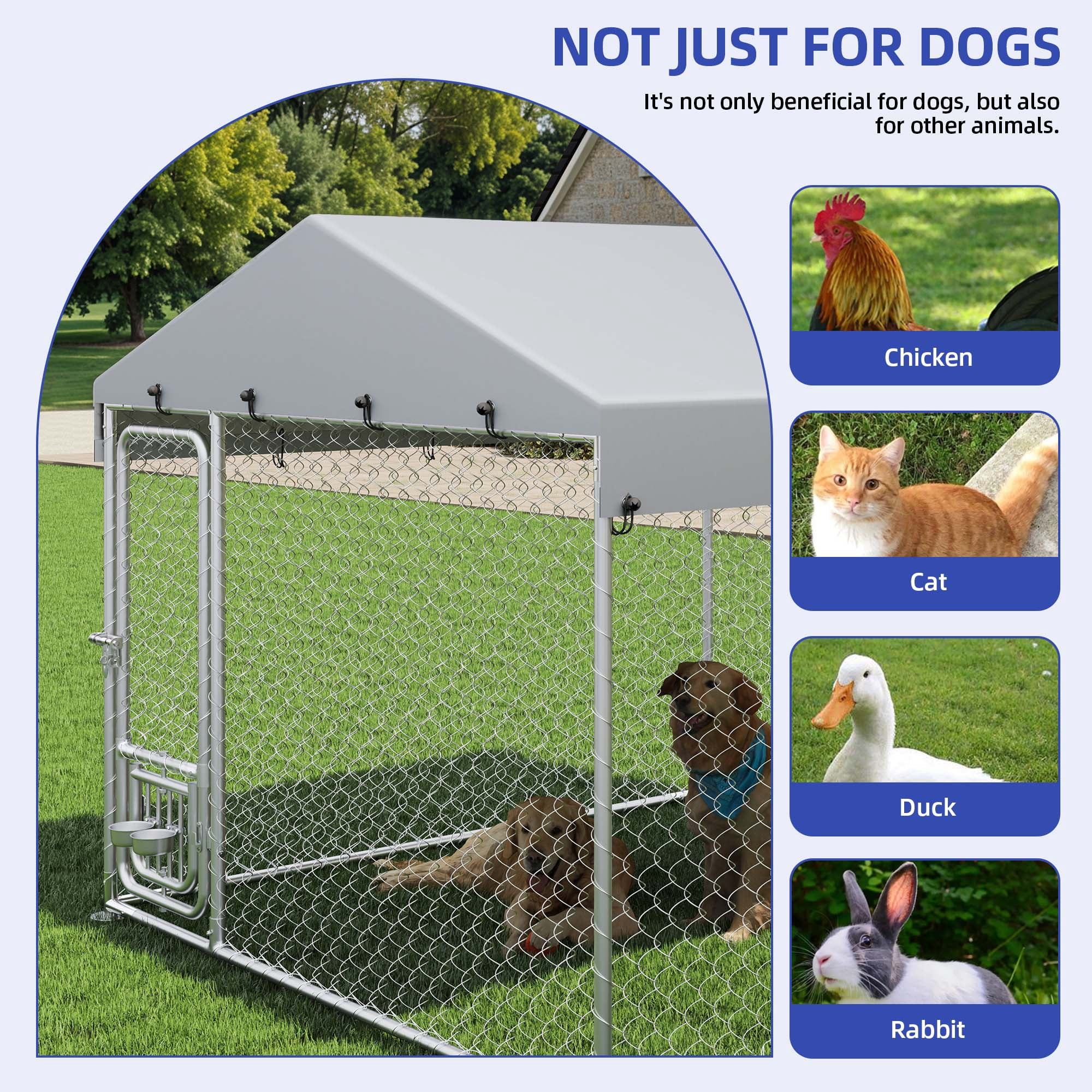 ModFusion 7.5' x 7.5' Large Outdoor Metal Dog Kennel with Weatherproof Canopy, Secure Lock & Adjustable Pet Feeding Bowls – Perfect for Pets
