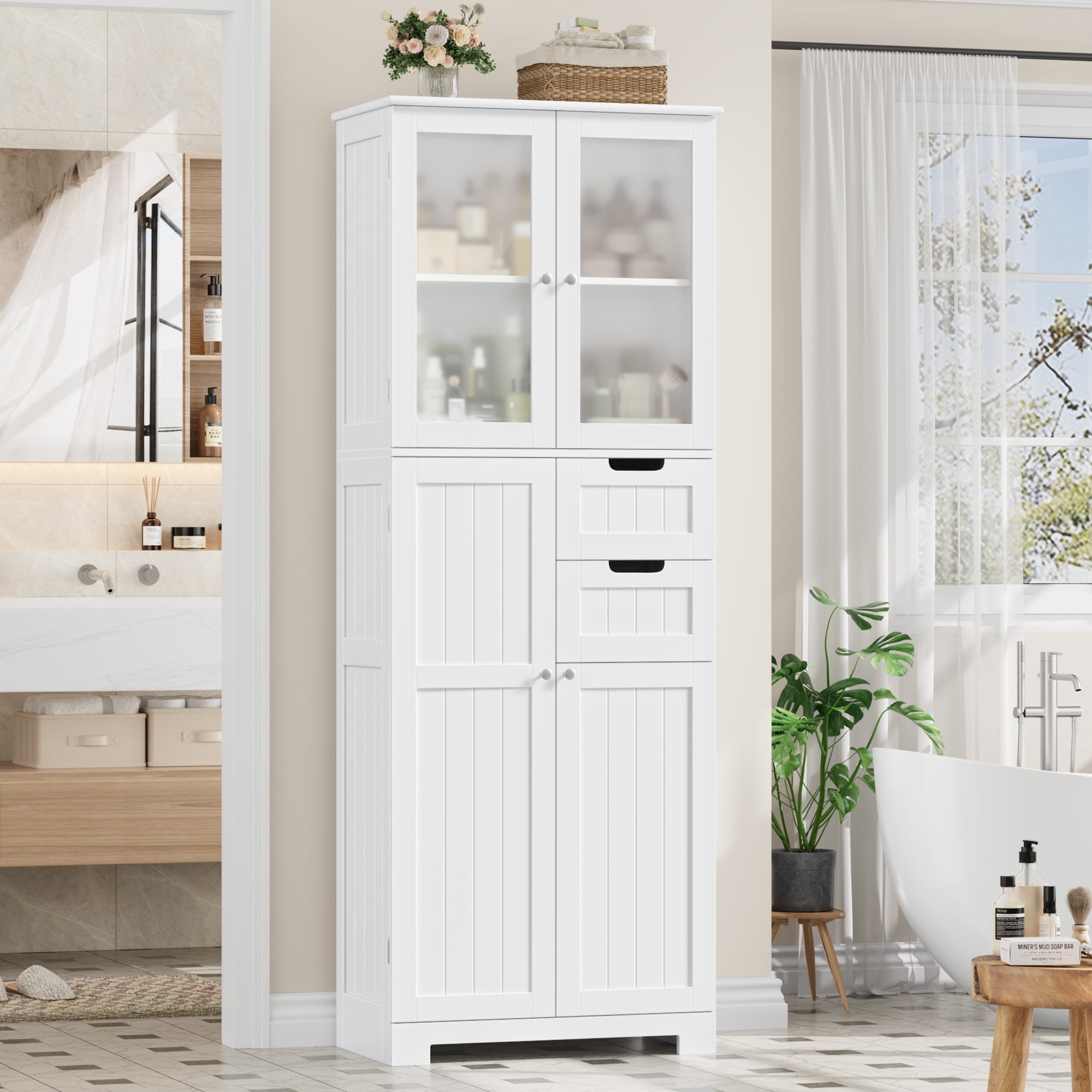 Homfa 67" Tall Bathroom Cabinet, White Linen Cabinet with Doors and Removable Drawers, Kitchen Cupboard