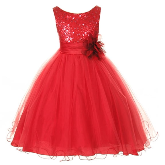 Little Girls Red Sequin Bodice Floral Overlaid Flower Girl Dress 4