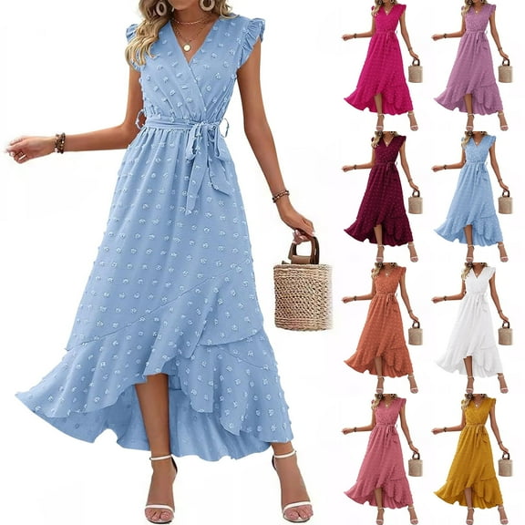 BiZtdJrK Maxi Dress for Women Warp V Neck Cap Sleeve Casual Summer Dresses Polka Dot Ruffle Slit Boho Dress Flowy Wedding Guest Dresses Birthday Gift Red XL