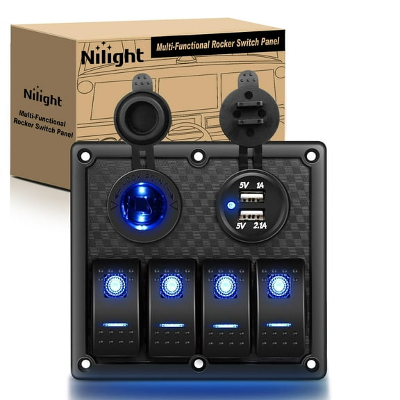 Nilight - 4 Gang Rocker Switch Panel Waterproof Pre-wired Switch Panel with USB Charger & Power Socket and Fuse DC 12V 24V Rocker Switch Panel for Car Rv Vehicles Trucks,2 Years Warranty