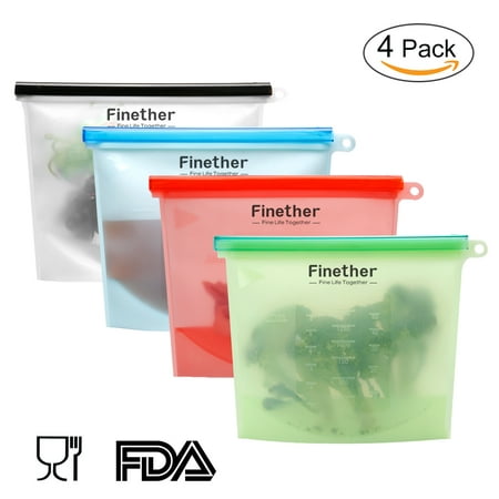 4-Pack Reusable Silicone Food Storage Bag with Sealer Stick, Hygienic Leak-Proof Airtight Food Preservation Container, FDA & LFGB Approved for Kitchen Refrigerator Freezer Snacks, Assorted