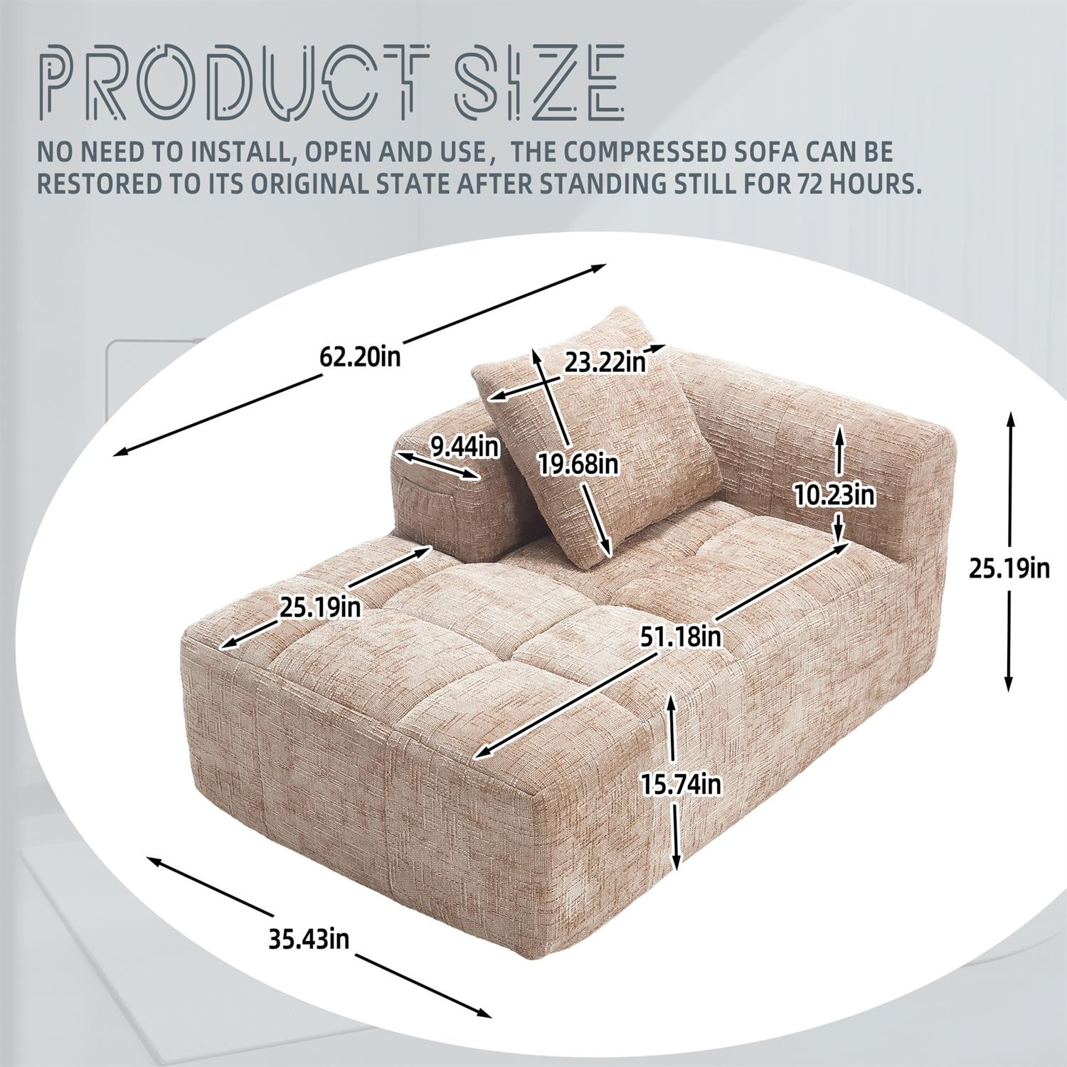 Demi Bonn 62" Plush Chenille Loveseat Sofa, Modular Sleeper for Living Room, Bedroom, Apartment Lounge, Stylish & Comfortable Couch, Beige