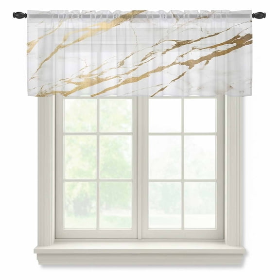 White Gold Modern Valance Curtains for Kitchen/Living Room/Bathroom/Bedroom Window, Rod Pocket Small Topper Half Short Window Curtains Voile Sheer Scarf, Abstract Vintage Marble Geometric 42"x12"