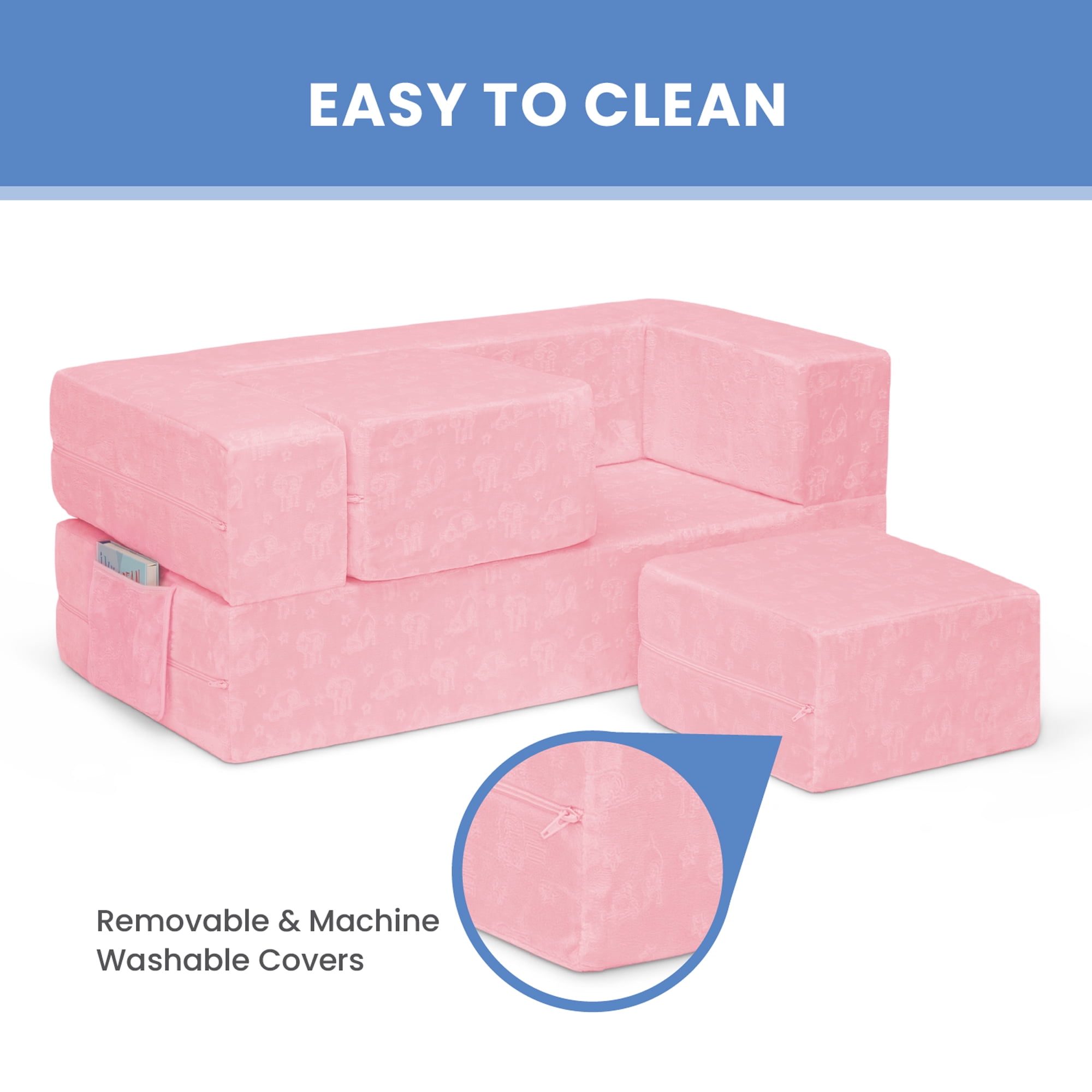 Serta Perfect Sleeper Convertible Sofa and Play Set – Modular Foam Couch and Flip Out Lounger with 2 Ottomans, Pink