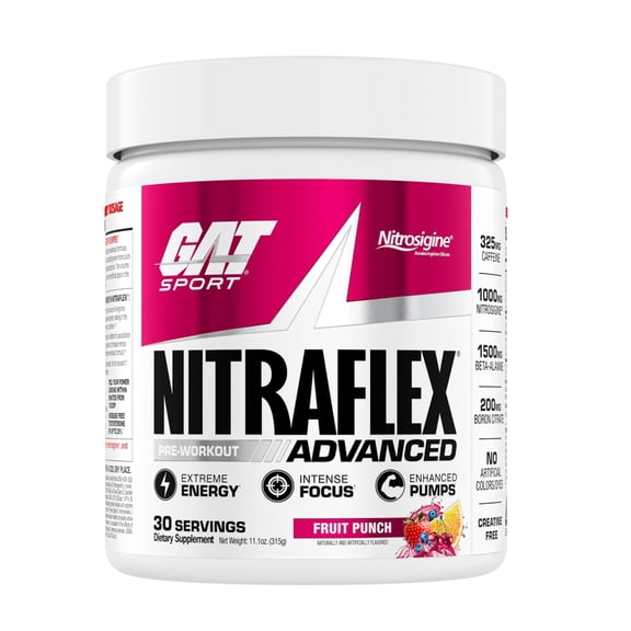 GAT Sport Nitraflex Test Booster Powder, Fruit Punch, 30 Servings