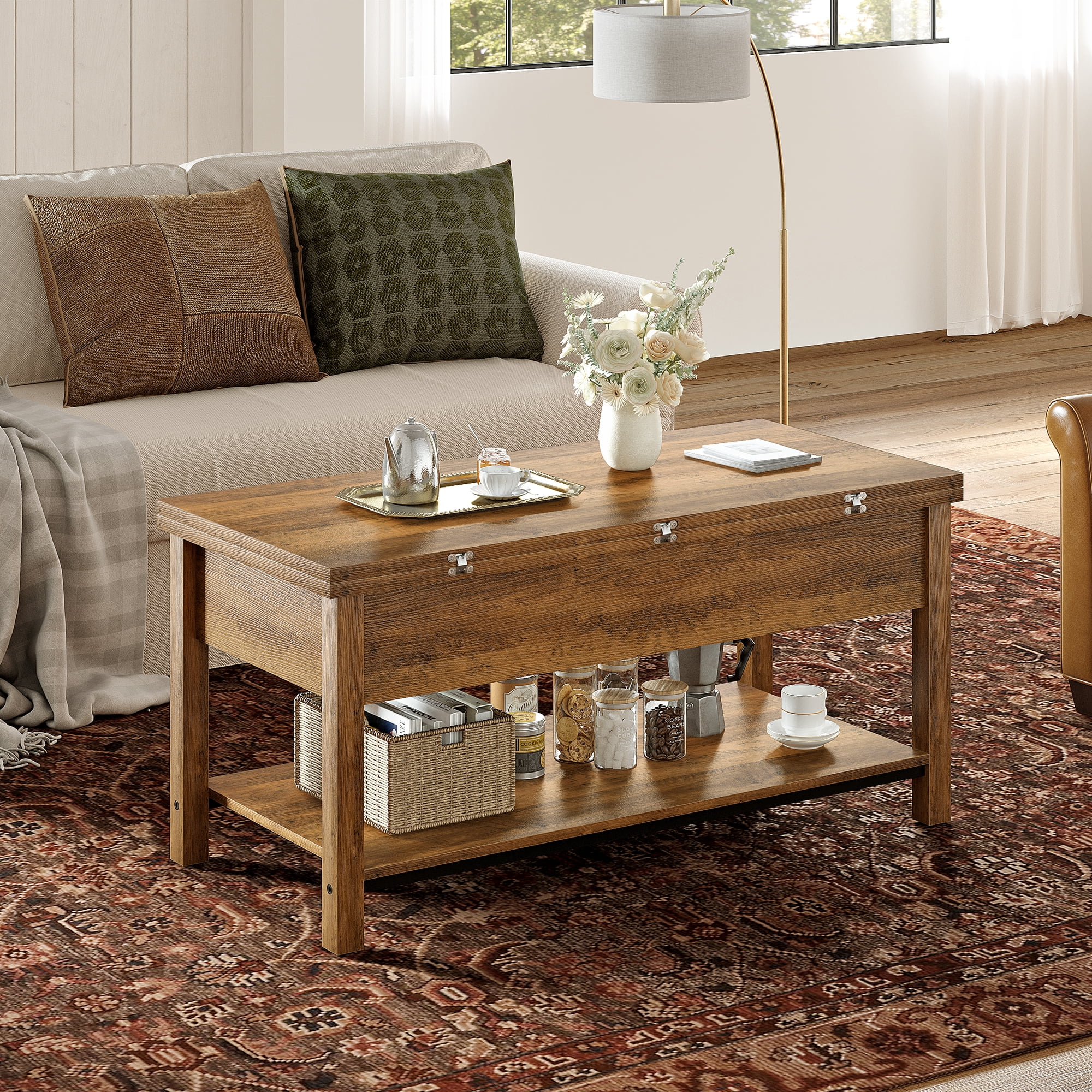 GUNAITO 40.9"Lift Top Coffee Table 4 in 1 Multi-Function Convertible Coffee Table with Hidden Storage Framhouse Coffee Table for Living Room Rustic Brown