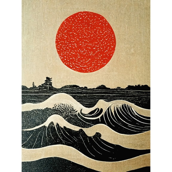 Sunset Over Sea Waves Linocut Illustration With Red Sun Unframed Wall Art Print Poster Home Decor