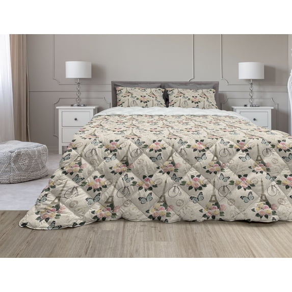 Modern Comforter & Sham Bedding Set, French Eiffel Tower Shabby Form Style Garden Roses Butterfly Flowers Leaves Art, 3 pcs Duvet Set Microfiber Filling Quilt, 5 Sizes, Multicolor, by Ambesonne
