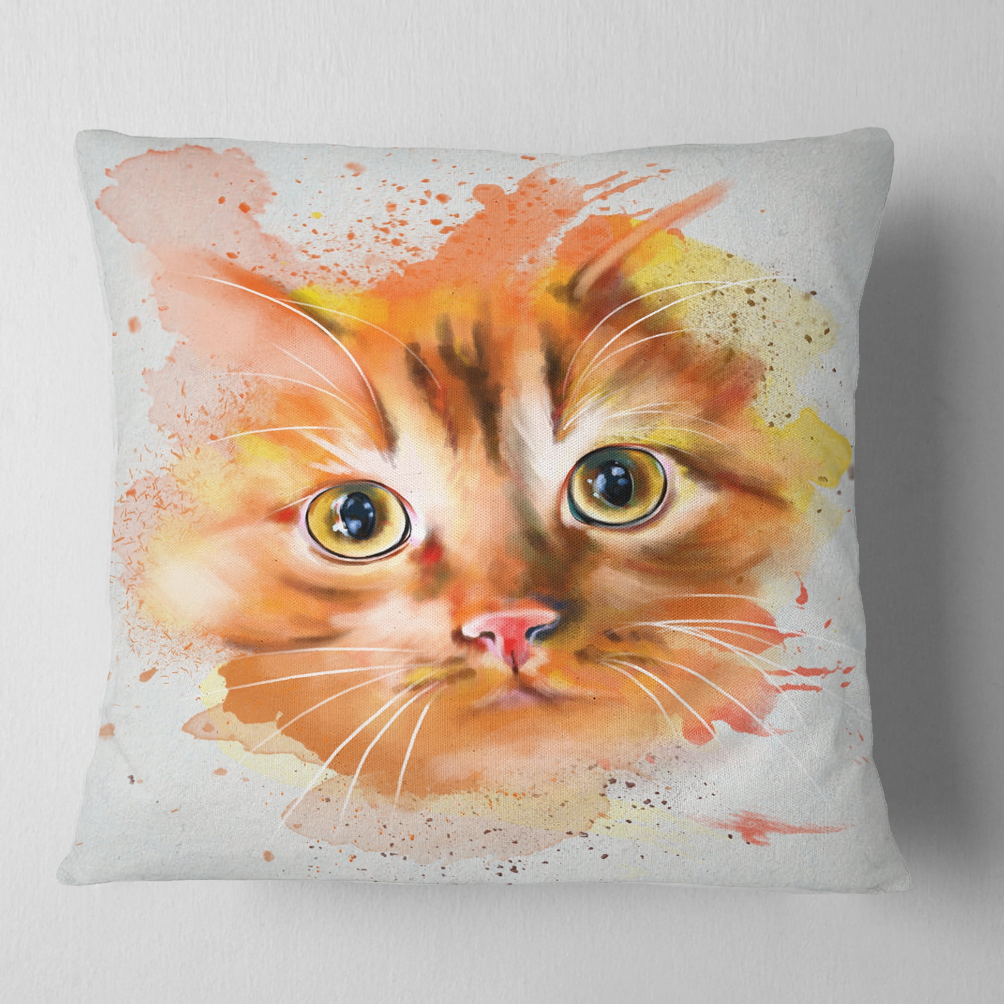 Designart Lovely Red Watercolor Cat - Animal Throw Pillow - 16x16