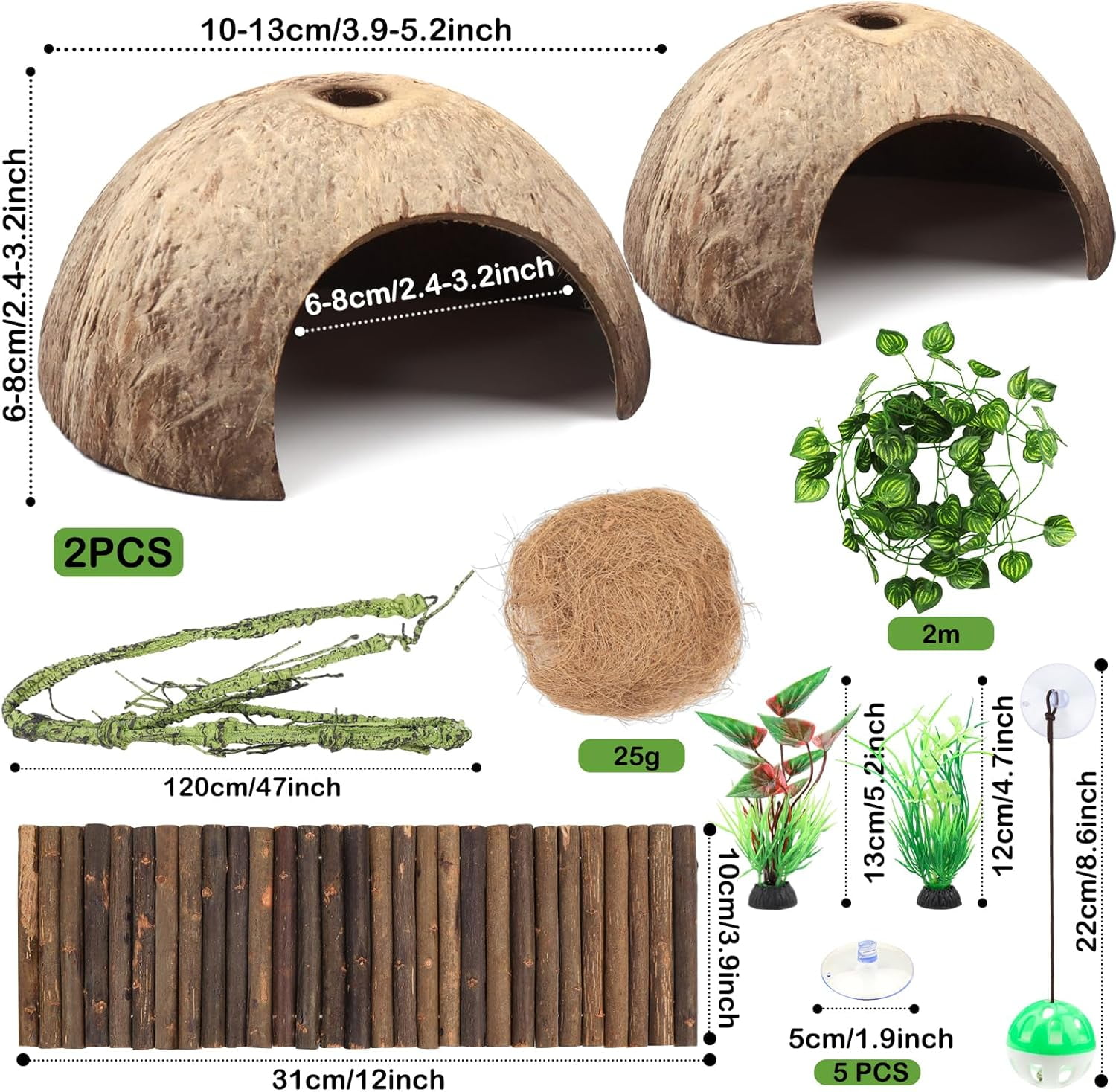 Crested Gecko Tank Accessories, Reptile Climbing Vines Hanging Plants with Coconut Shells Bridge Hideout Decor for Bearded Dragon Lizard Chameleon Gecko Turtle Snake