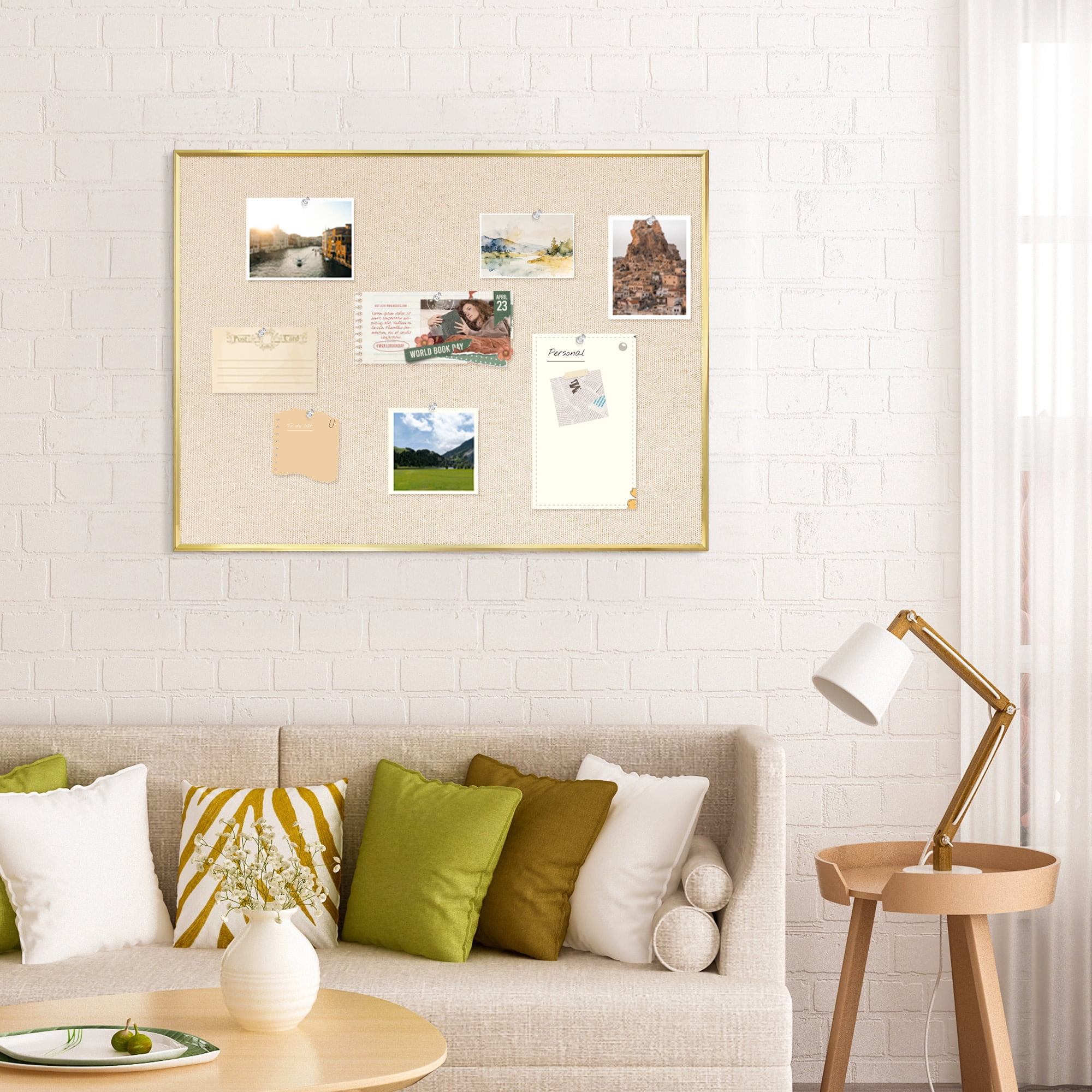 DOLLAR BOSS Linen Bulletin Board 36x24 Inches Cork Board for Wall Poster Board with Gold Aluminum Frame Hanging Pin Board Vision Board for Home Office Room Decor with 10 Push Pins