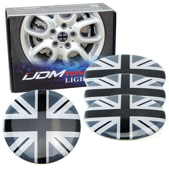 Black/Grey Union Jack UK Flag Style Wheel Center Cap Covers For Mini Coopers R50 R51 R52 R53 R55 R56 R57 R58 R59 R60 R61 F55 F56, etc