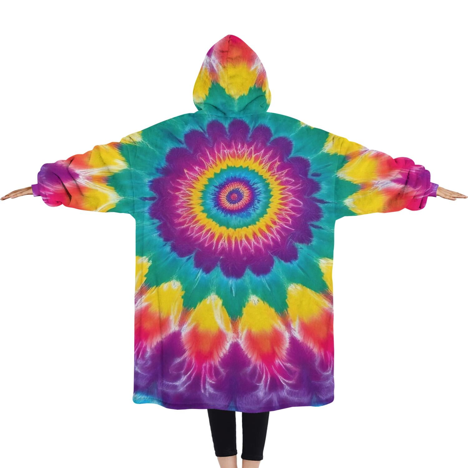 Oversized Wearable Blanket Hoodie,Rainbow Tie Dye Radial Pattern Sherpa Blanket Hoodie with Super Pockets,Super Warm Fuzzy Pullover for Women & Men
