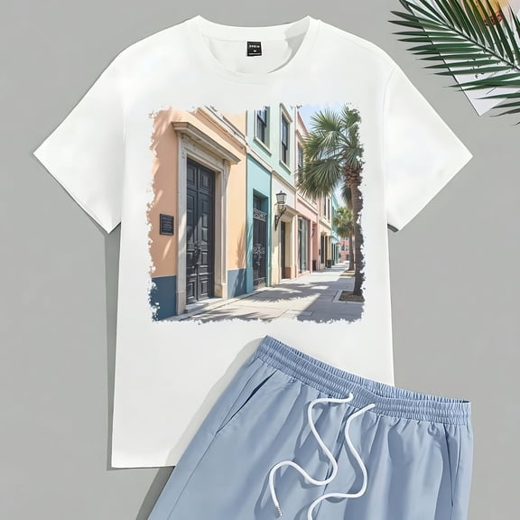 Men's Summer 2 Piece Outfit Retro Street Scene Graphic Short Sleeve T-Shirt and Drawstring Shorts Set Casual Vacation Beachwear Comfortable Activewear
