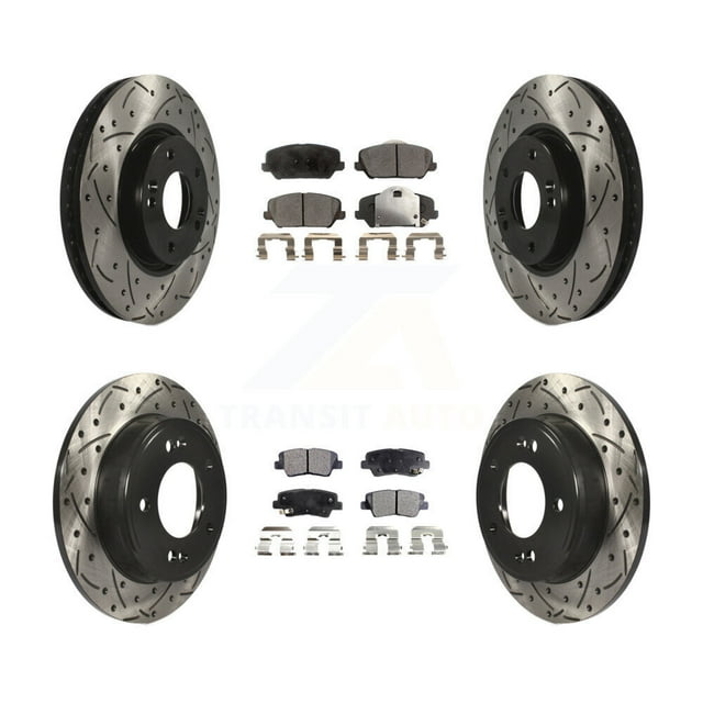 Transit Auto Front Rear Coated Drilled Slotted Disc Brake Rotors and Semi-Metallic Pads Kit for Car Kia Forte Forte5 Koup KDF-100304