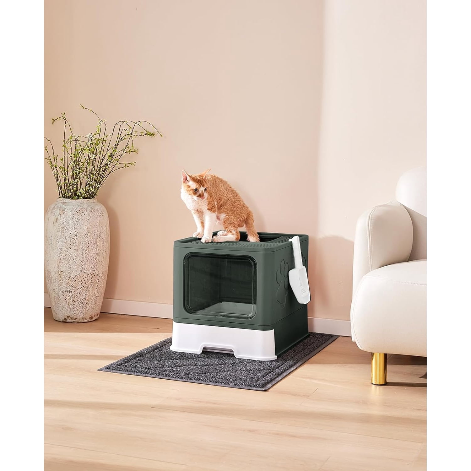 Cat Litter Box with X-Litter Mat and Scoop, Large Foldable Litter Box with Lid, Enclosed Kitty Box,Front Top Entry Exit, Odor Control Easy to Clean (Upgrade Olive Green)